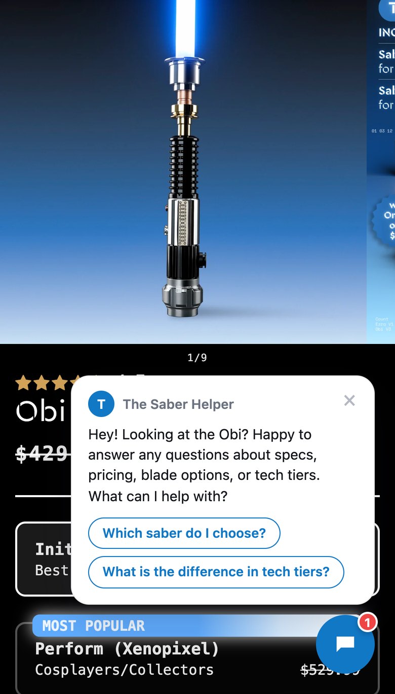 A real product page on a phone with the kwebbel proactive message and two one-tap questions