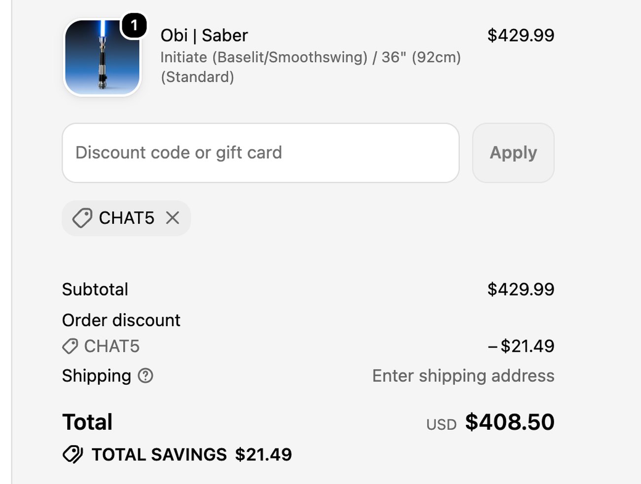 Shopify checkout order summary with the discount code CHAT5 applied and $21.49 off