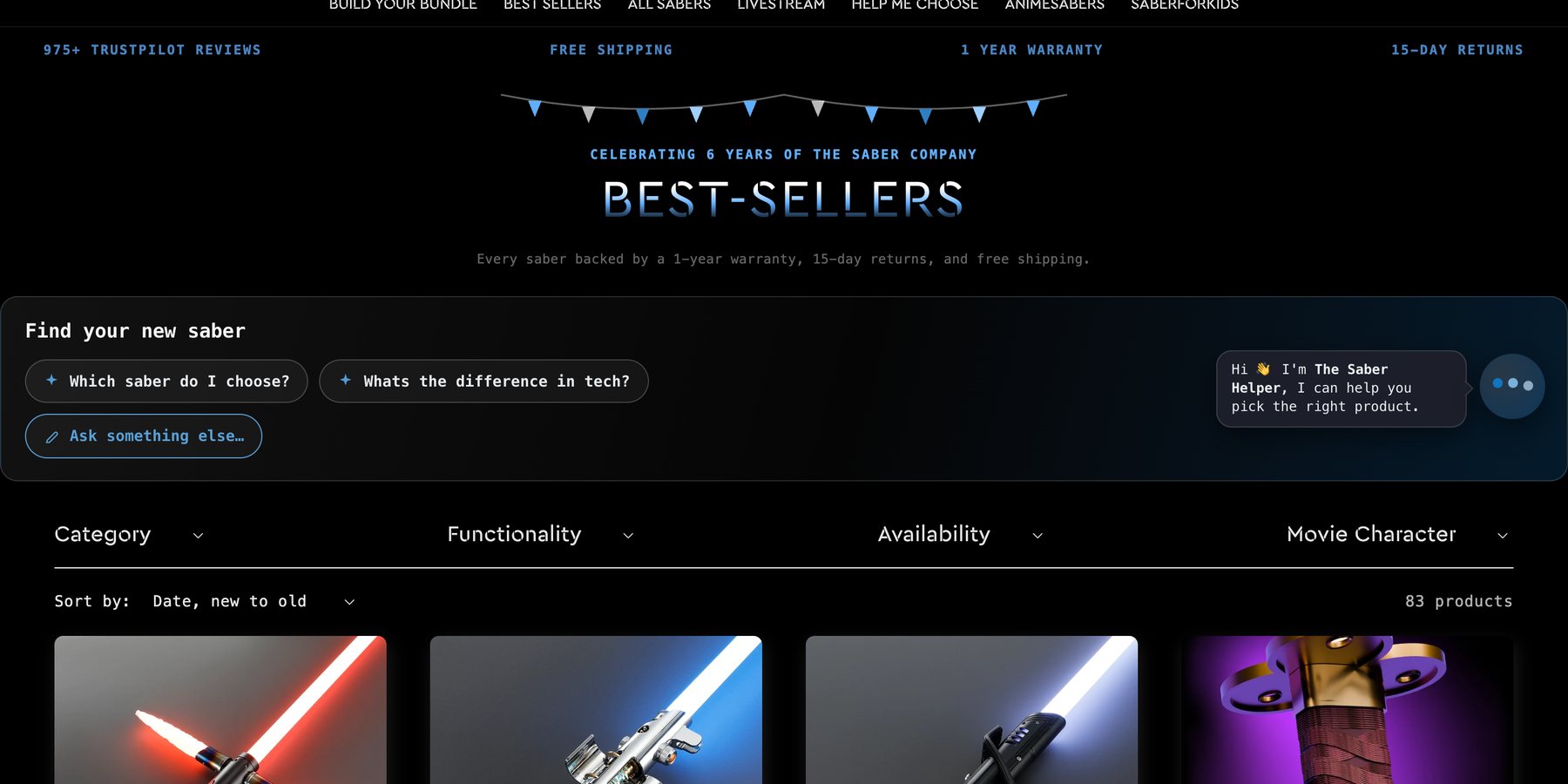 A real collection page with the kwebbel “Find your new saber” assistant